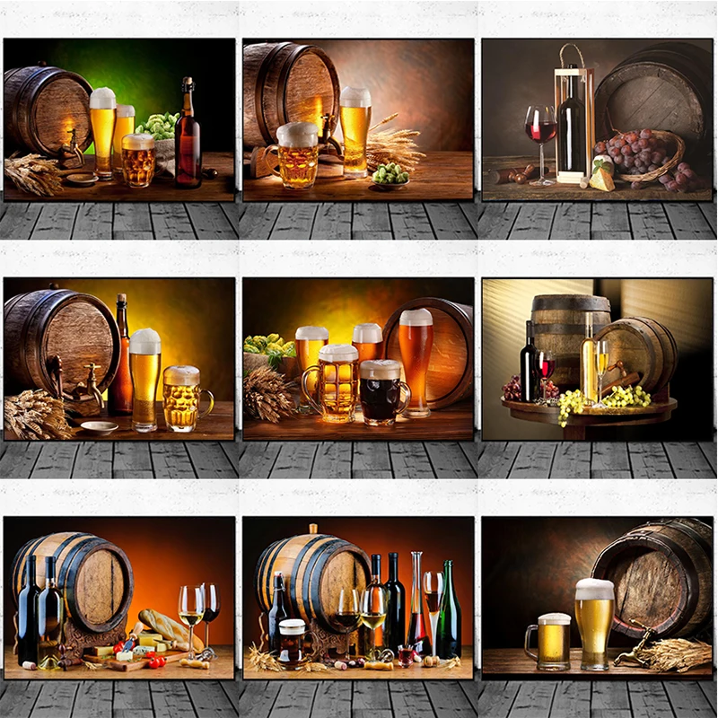 Wine Beer Bottle - キッチンバー赤ワインぶどうビールボトルキャンバス絵画静物北欧ポスターウォールアートリビングルーム家の装飾用絵画