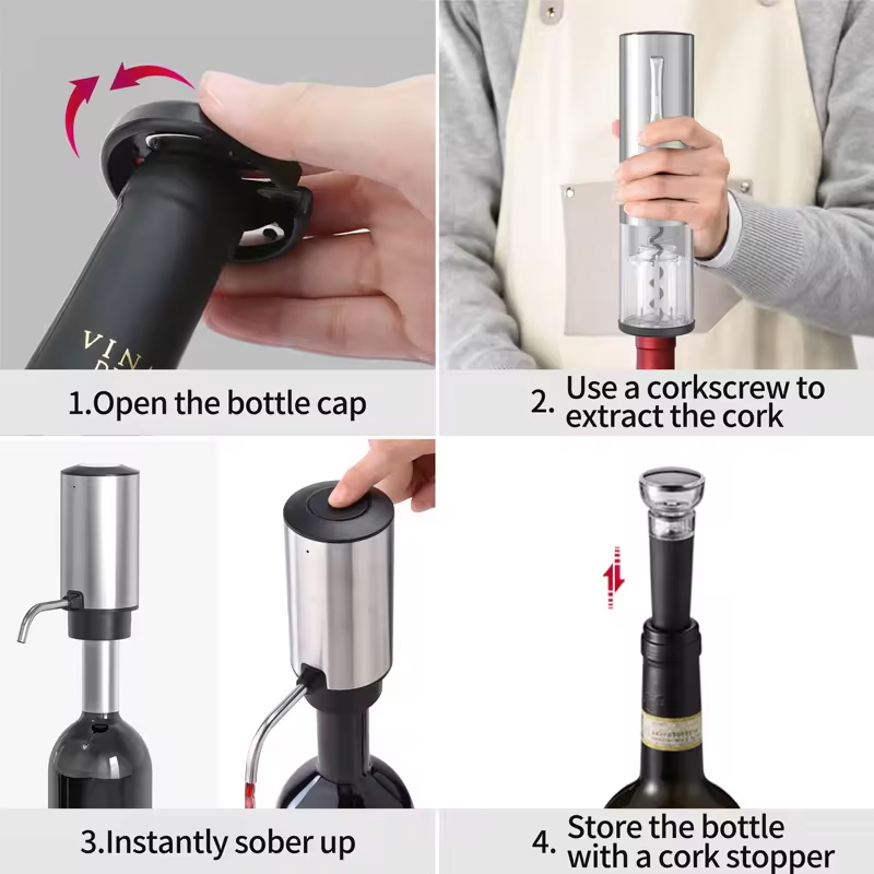 Wine Opener Electric - 4-in-1充電式電動ワインオープナーセット（エアレーター、ポアラー、フォイルカッター、ワインストッパー付き）家庭用バーパーティー用
