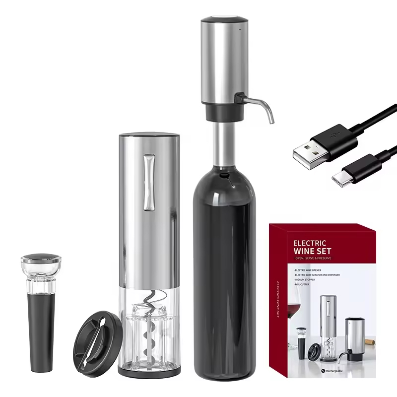 Wine Opener Electric - 2024 新デザイン 4-in-1 リチウム充電式電気ボトルワインオープナーセット、ワインエアレーター注ぎ口、ホイルカッター、ワインストッパー