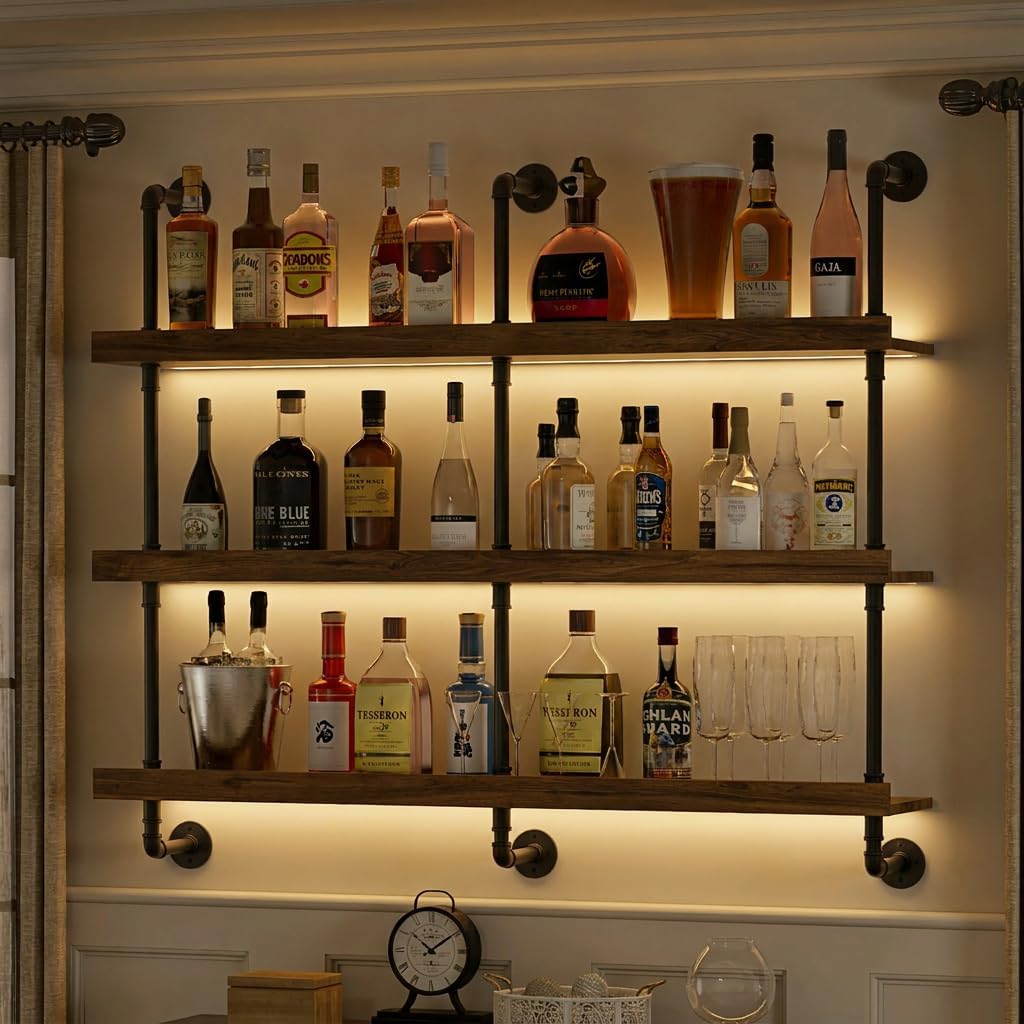 Wine Rack Wall Mount - 壁掛けワインラック LEDライト付き 3段フローティングバーシェルフ 酒瓶ディスプレイ収納用 モダンなワインホルダーオーガナイザー キッチン