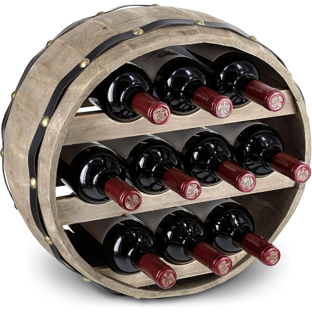 Wine Rack Wall Mount - 天然木製の工業用壁掛けバレルワインホルダー（10本用）、装飾的な壁掛けボトルラック、素朴な壁掛けワインスタンド