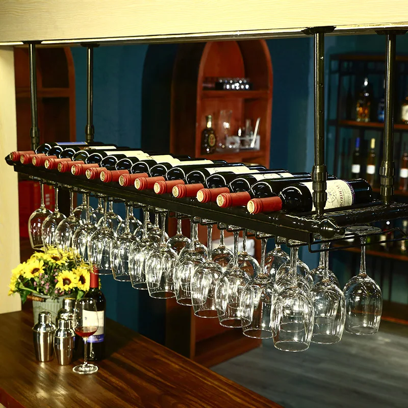 Wine Rack Wall Mount - ヴィンテージブロンズ黒鉄金属鋳造天井ハング逆さまワインゴブレットホルダー背の高いグラスボトル収納バーパブラック