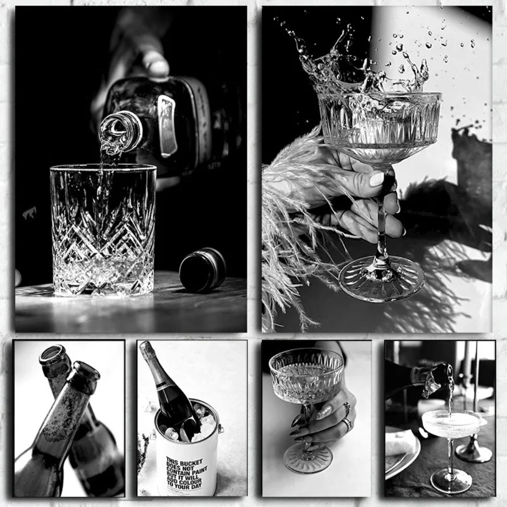 Whisky Beer And Wine - (2Dキャンバス絵画)白黒バー、シャンパン、ビール、ワイングラス、ウイスキー、高精細ポスター、ウォールアート、キャンバス絵画、リビング