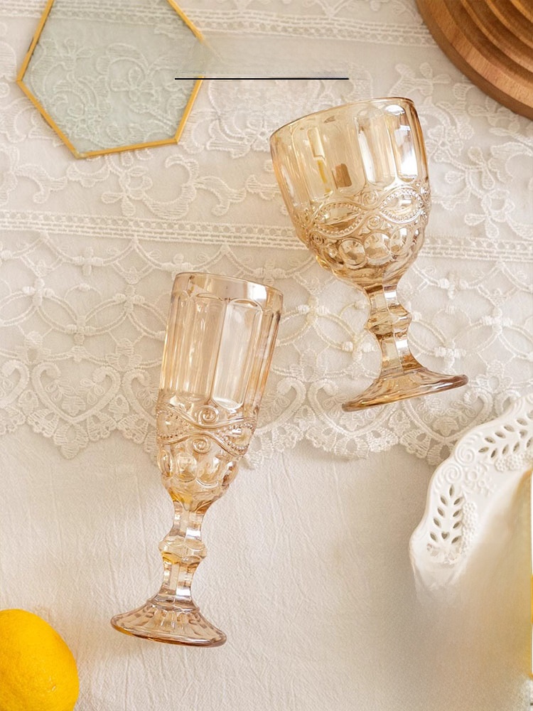 Wine Beer Foot - アンバーレリーフハイフットシャンパングラスヴィンテージコートカップヨーロピアンスタイルワイングラス手作りクラフトビールマグダイニングテーブル用