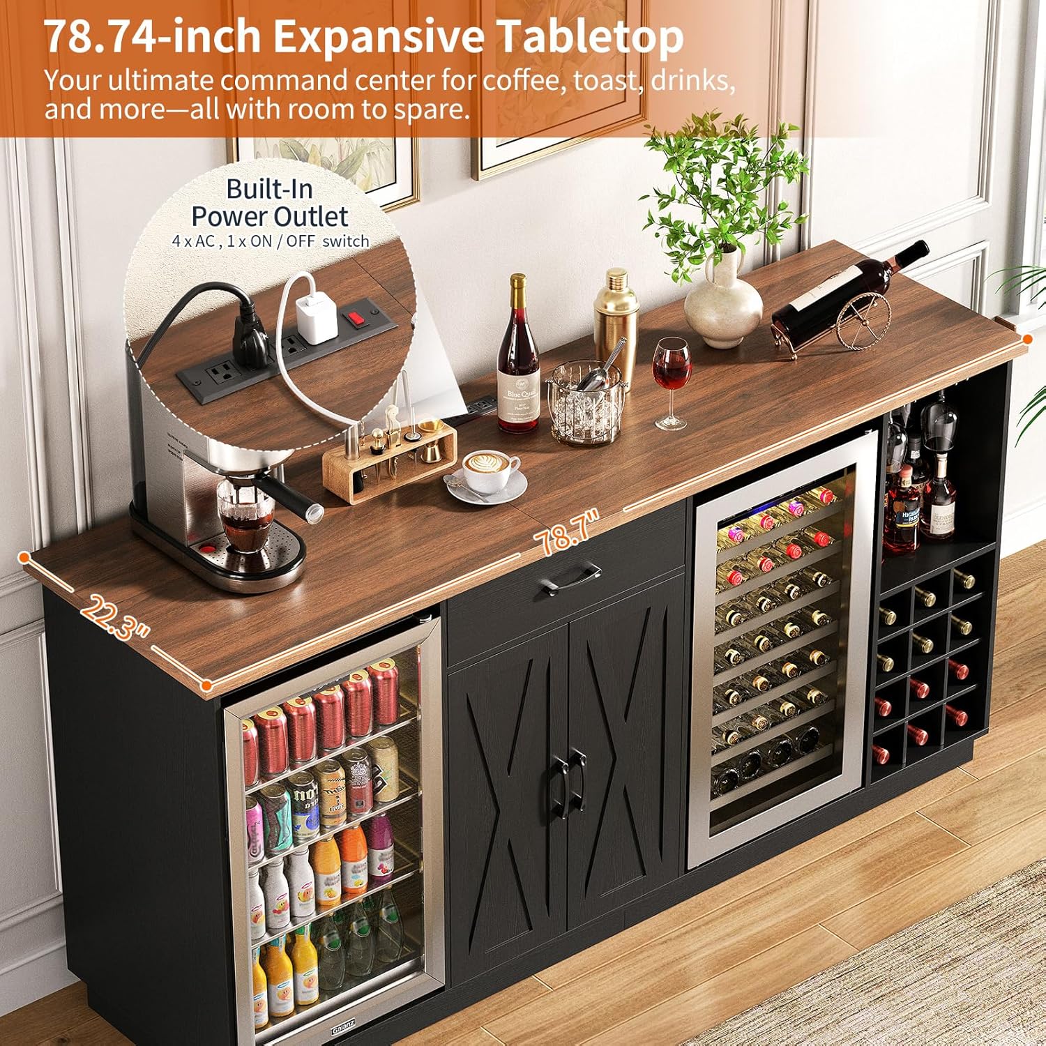 78.74インチ大型コーヒーバーキャビネット（冷蔵庫スペース - Wine Beer Cooler のレビューと価格