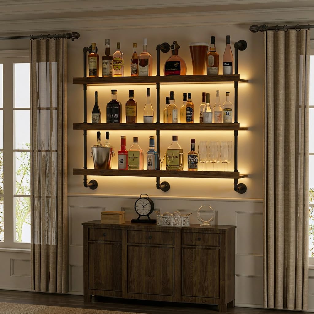 壁掛けワインラック LEDライト付き 3段フローティングバー - Wine Rack Wall Mount のレビューと価格