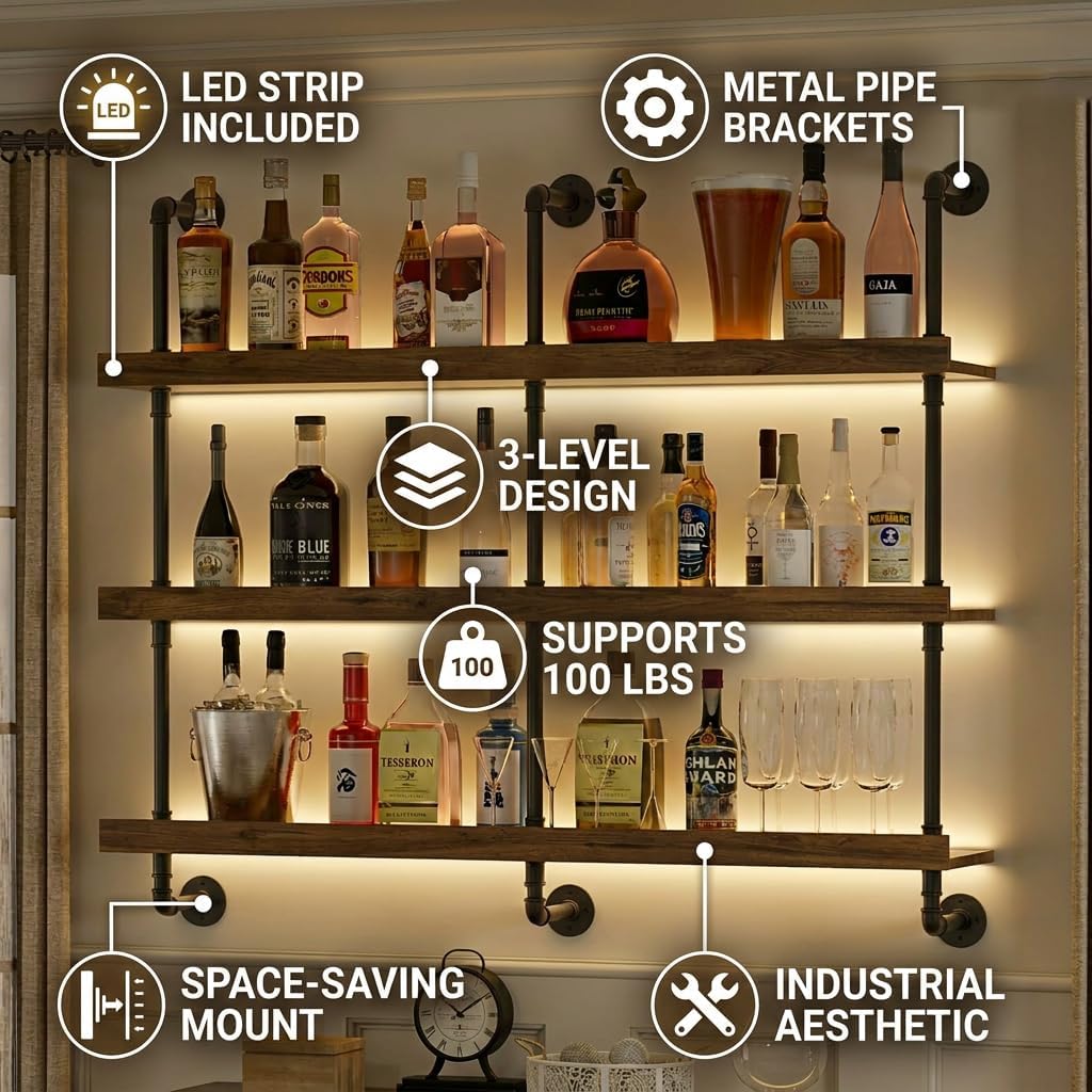 壁掛けワインラック LEDライト付き 3段フローティングバー - Wine Rack Wall Mount のレビューと価格