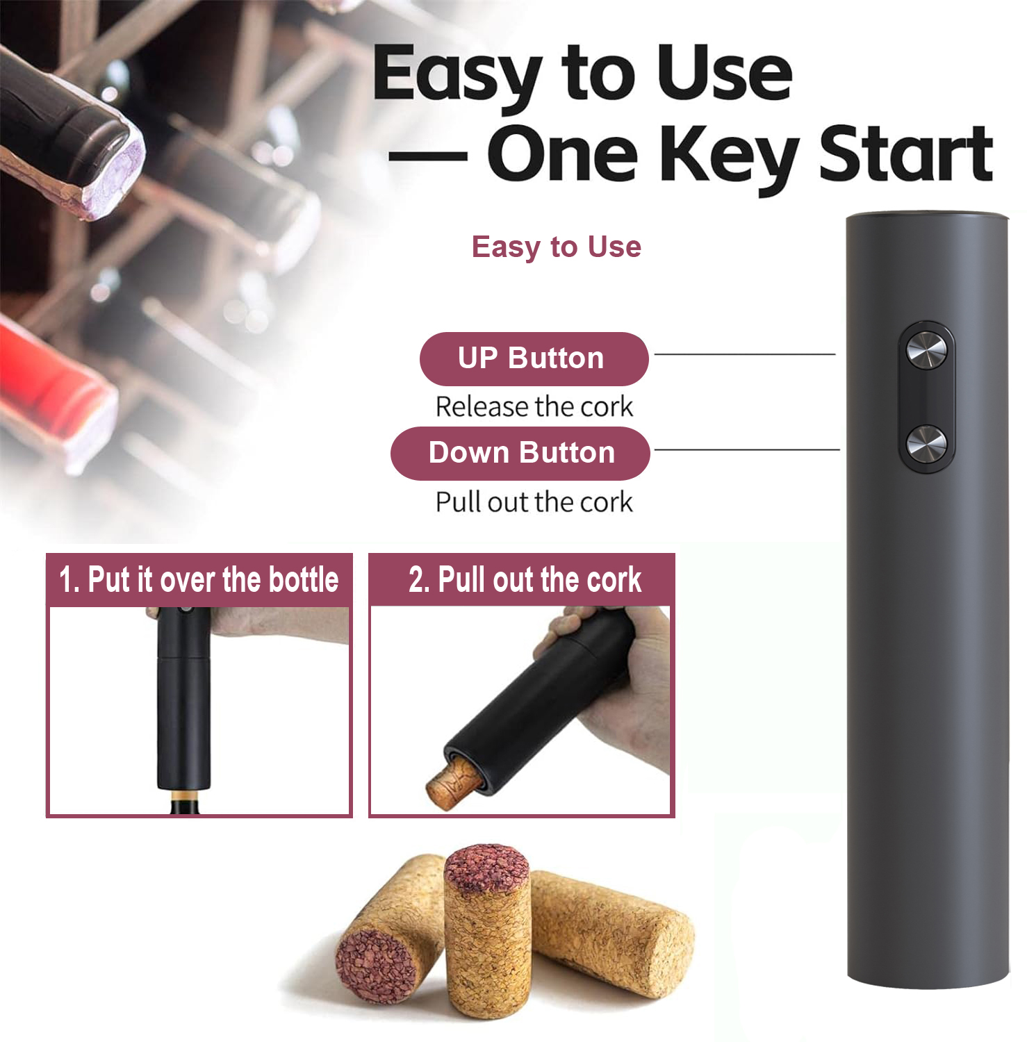 フォイルカッター付き電気ワインオープナー、ブラックコークスク - Wine Opener Electric のレビューと価格
